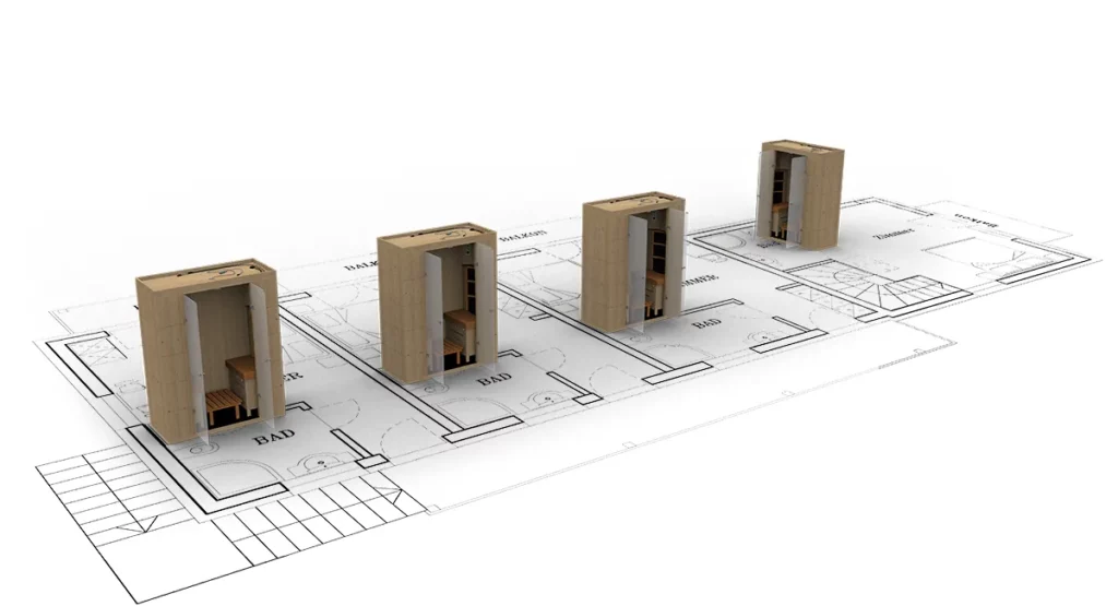 Infrarotkabine dreidimensional im Grundriss eines Hotels dargestellt 